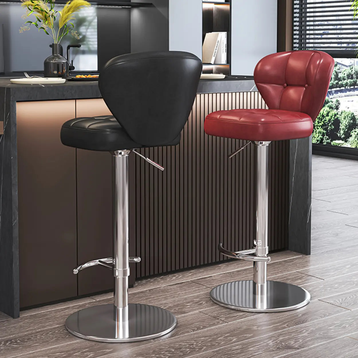 Adjustable Leather Swivel Pedestal Bar Stool — Army Green