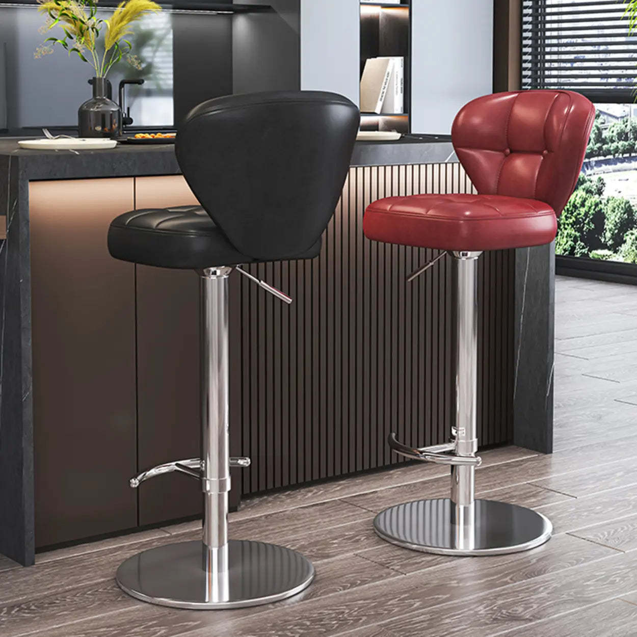 Adjustable Leather Swivel Pedestal Bar Stool — Army Green