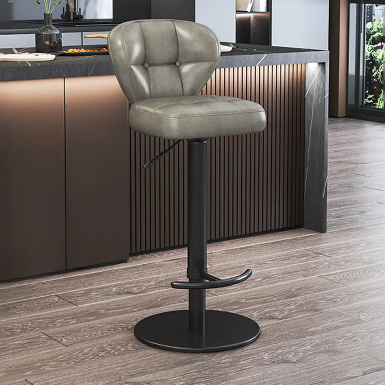 Adjustable Leather Swivel Pedestal Bar Stool — Blackish Green