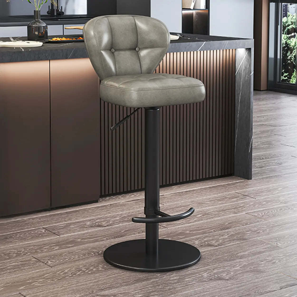 Adjustable Leather Swivel Pedestal Bar Stool — Blackish Green