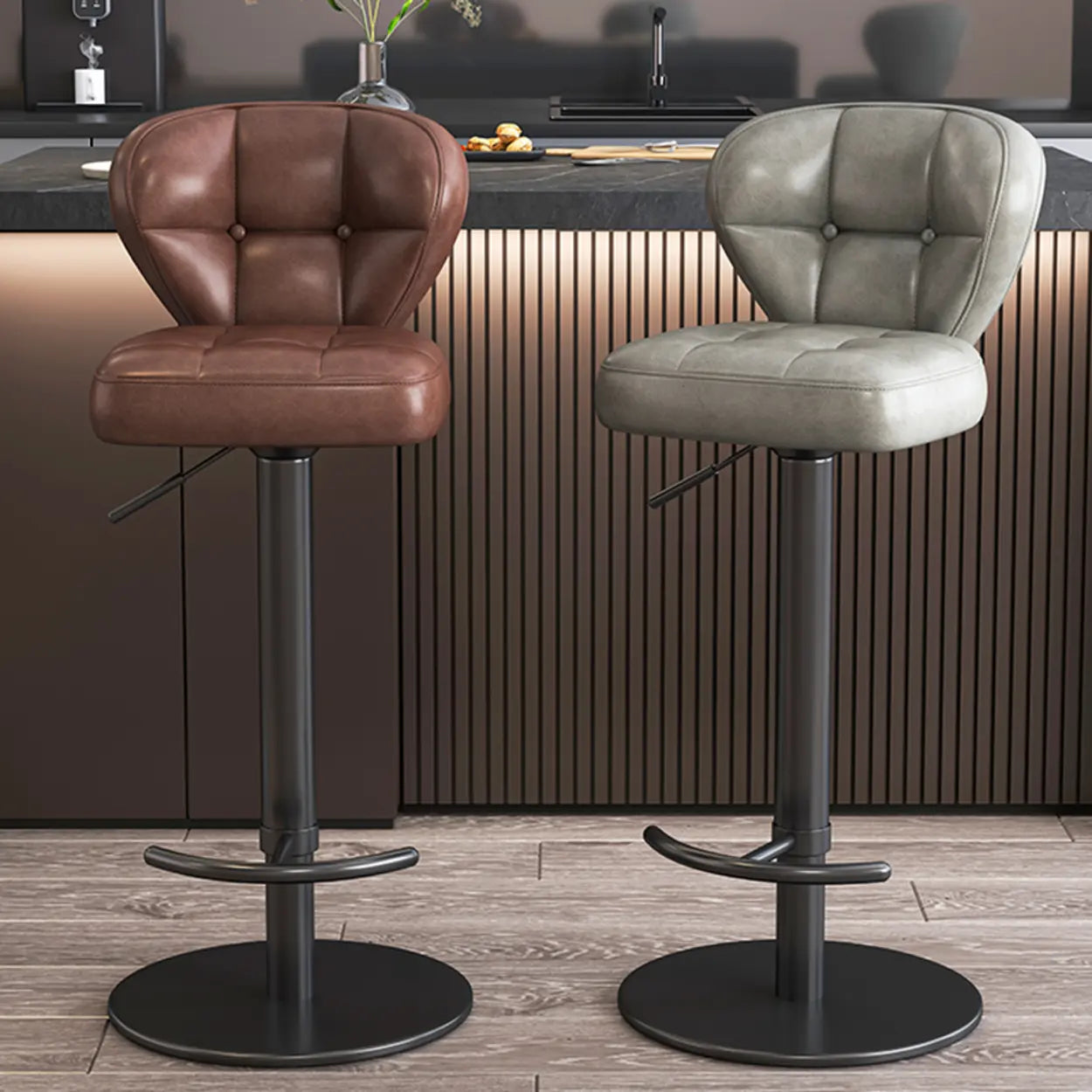 Adjustable Leather Swivel Pedestal Bar Stool — Light Gray