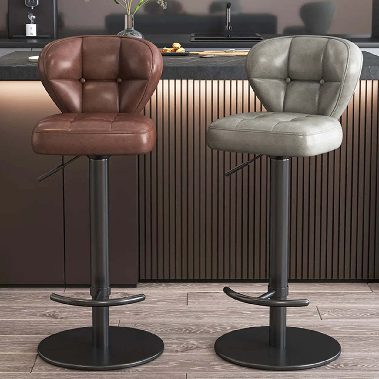 Adjustable Leather Swivel Pedestal Bar Stool — Light Gray