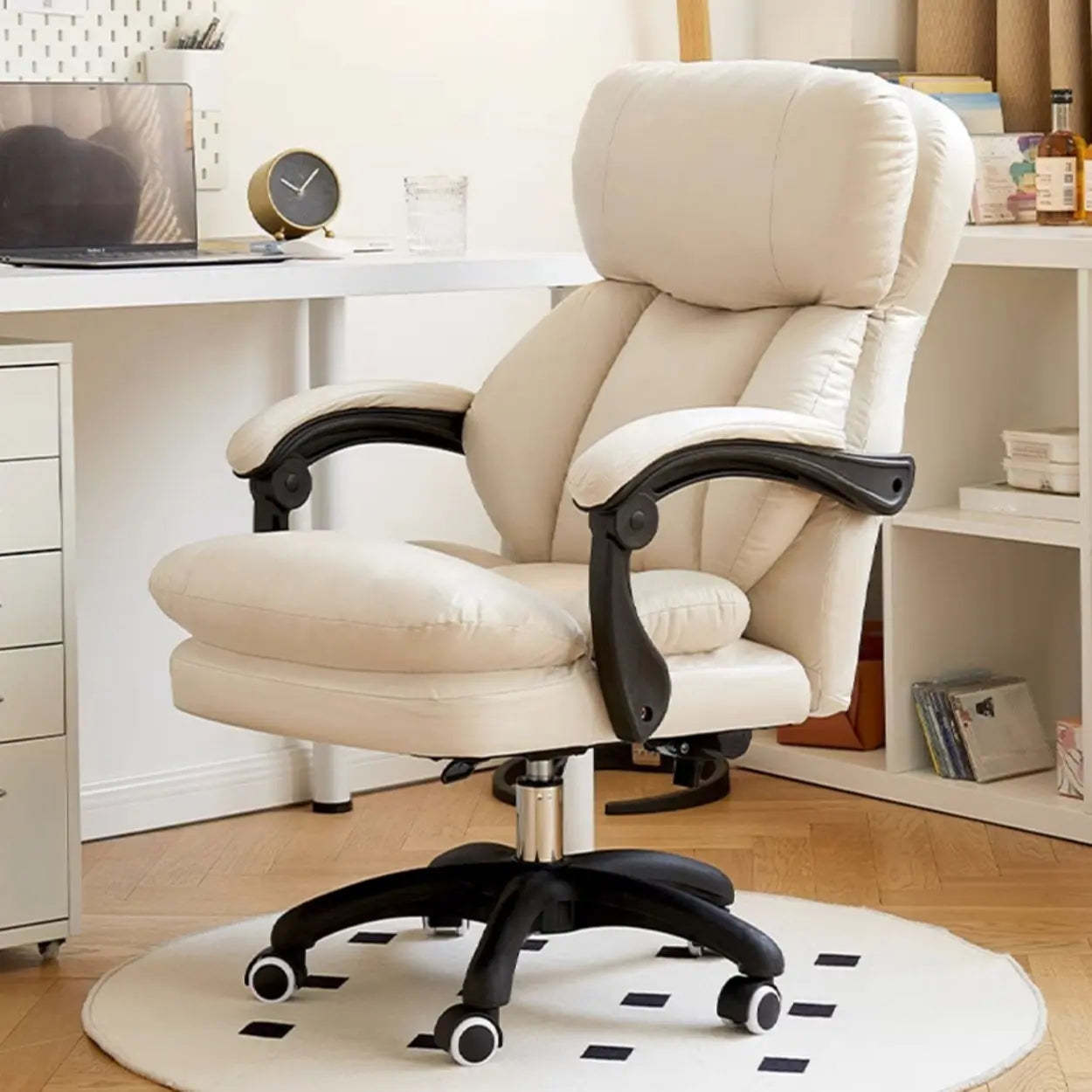 White Leather Adjustable Ergonomic Swivel Office Chair — Off-White