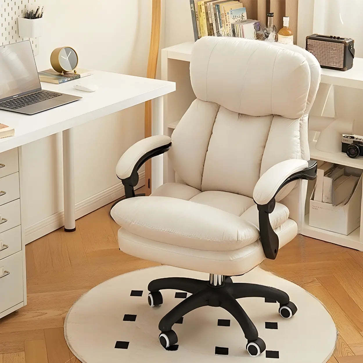 White Leather Adjustable Ergonomic Swivel Office Chair — Lake Blue