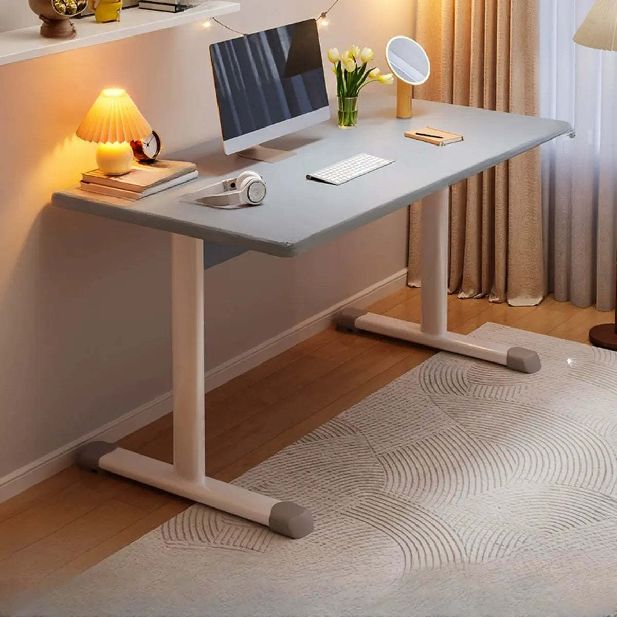 Adjustable Wood T-Shape Computer Desk — Without Chairs / White