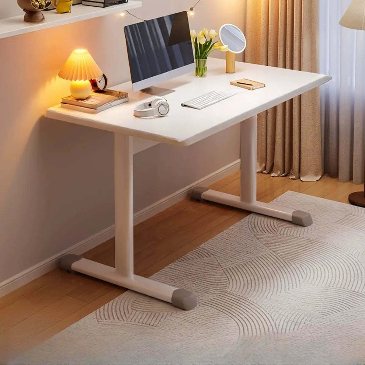 Adjustable Wood T-Shape Computer Desk — Without Chairs / Natural Finish