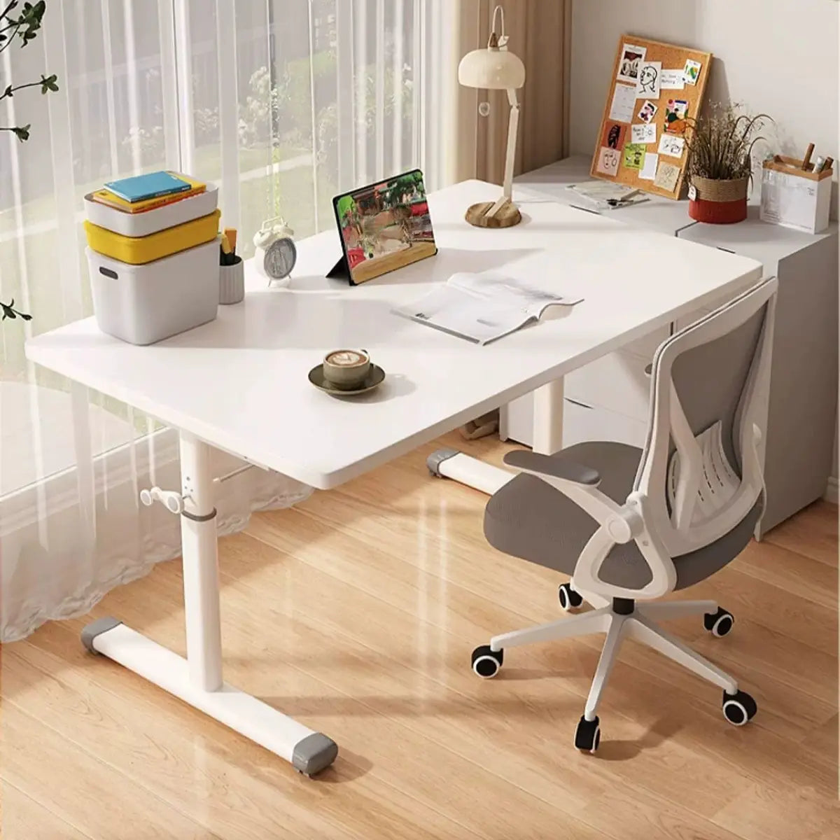 Adjustable Wood T-Shape Computer Desk — Without Chairs / White