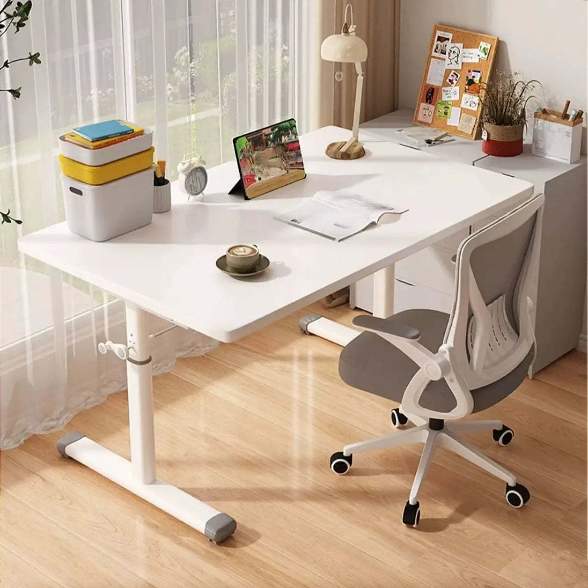 Adjustable Wood T-Shape Computer Desk — Without Chairs / White