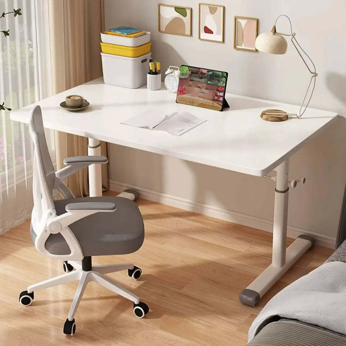 Adjustable Wood T-Shape Computer Desk — Without Chairs / Natural Finish