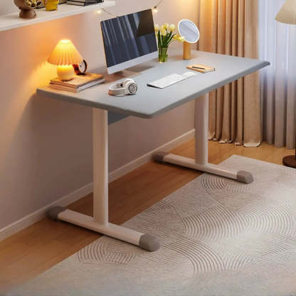 Adjustable Wood T-Shape Computer Desk — Without Chairs / White