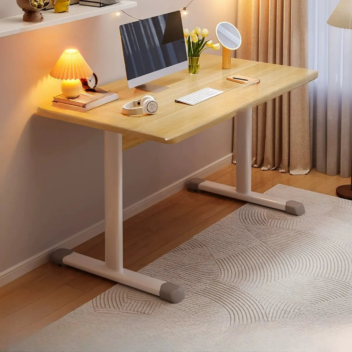 Adjustable Wood T-Shape Computer Desk — Without Chairs / White