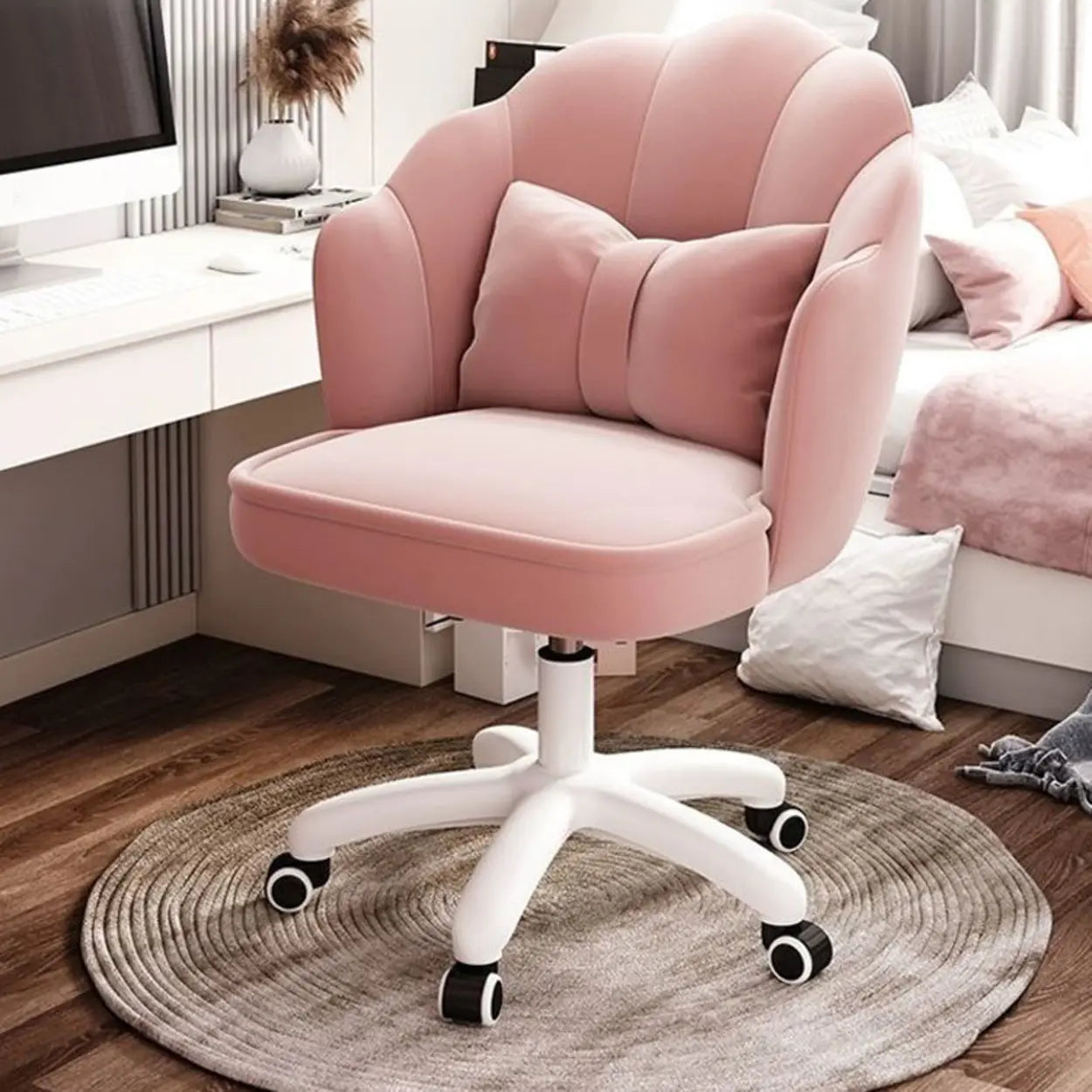 Milky White Shell Upholstered Swivel Vanity Chair — Beige / 2 Piece Set