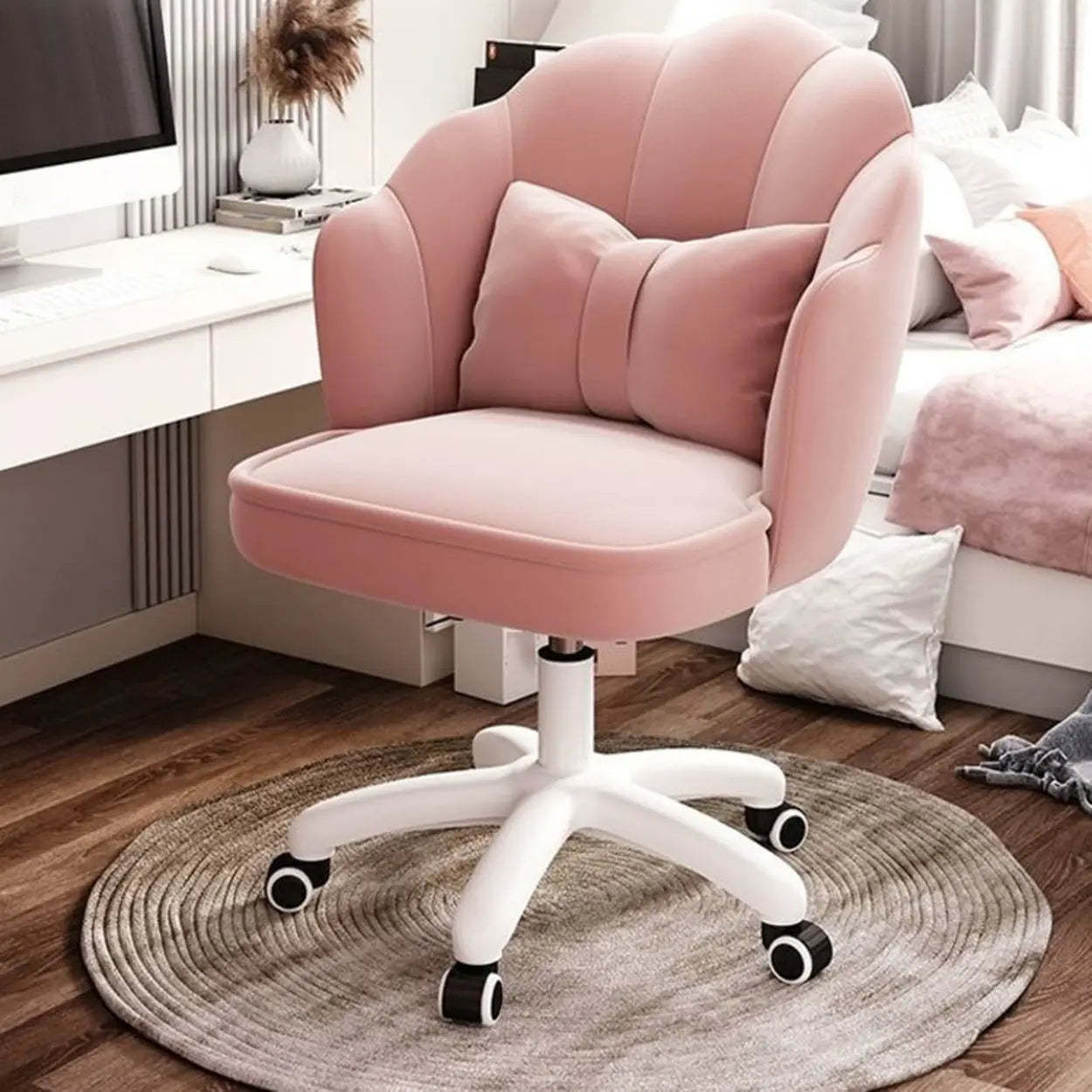 Milky White Shell Upholstered Swivel Vanity Chair — Beige / 2 Piece Set