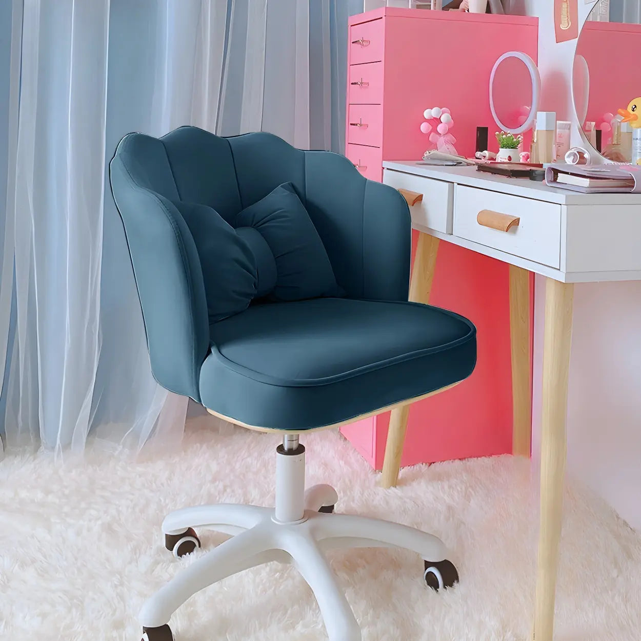 Milky White Shell Upholstered Swivel Vanity Chair — Light Gray / 1 Piece