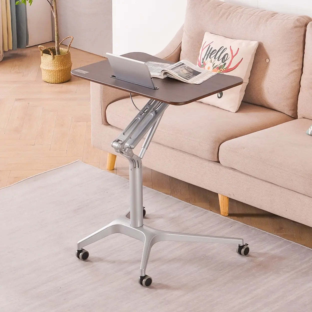 Adjustable Mobile Wood Small Standing Desk — Without Chairs / Walnut / Black