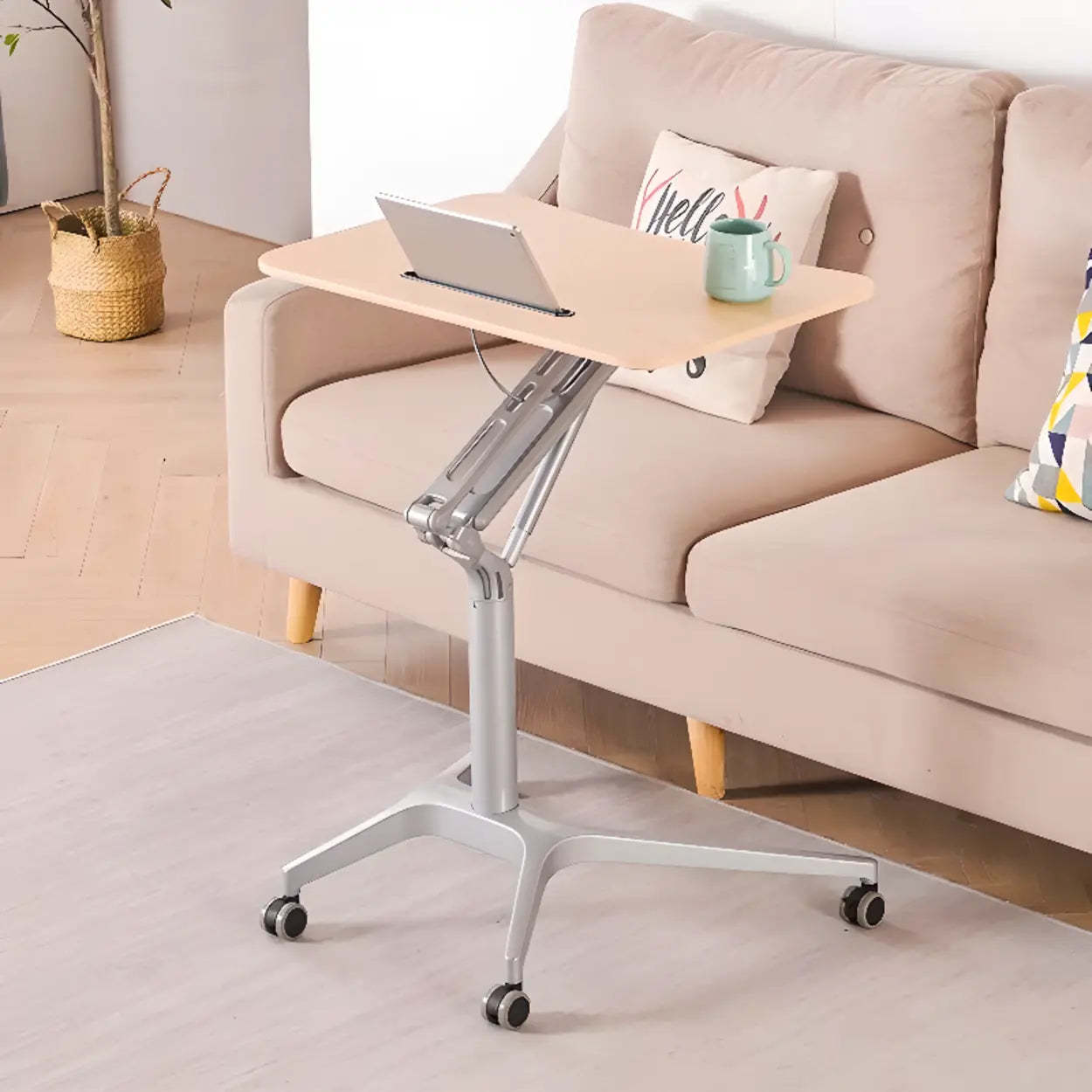 Adjustable Mobile Wood Small Standing Desk — Without Chairs / Walnut / Silver