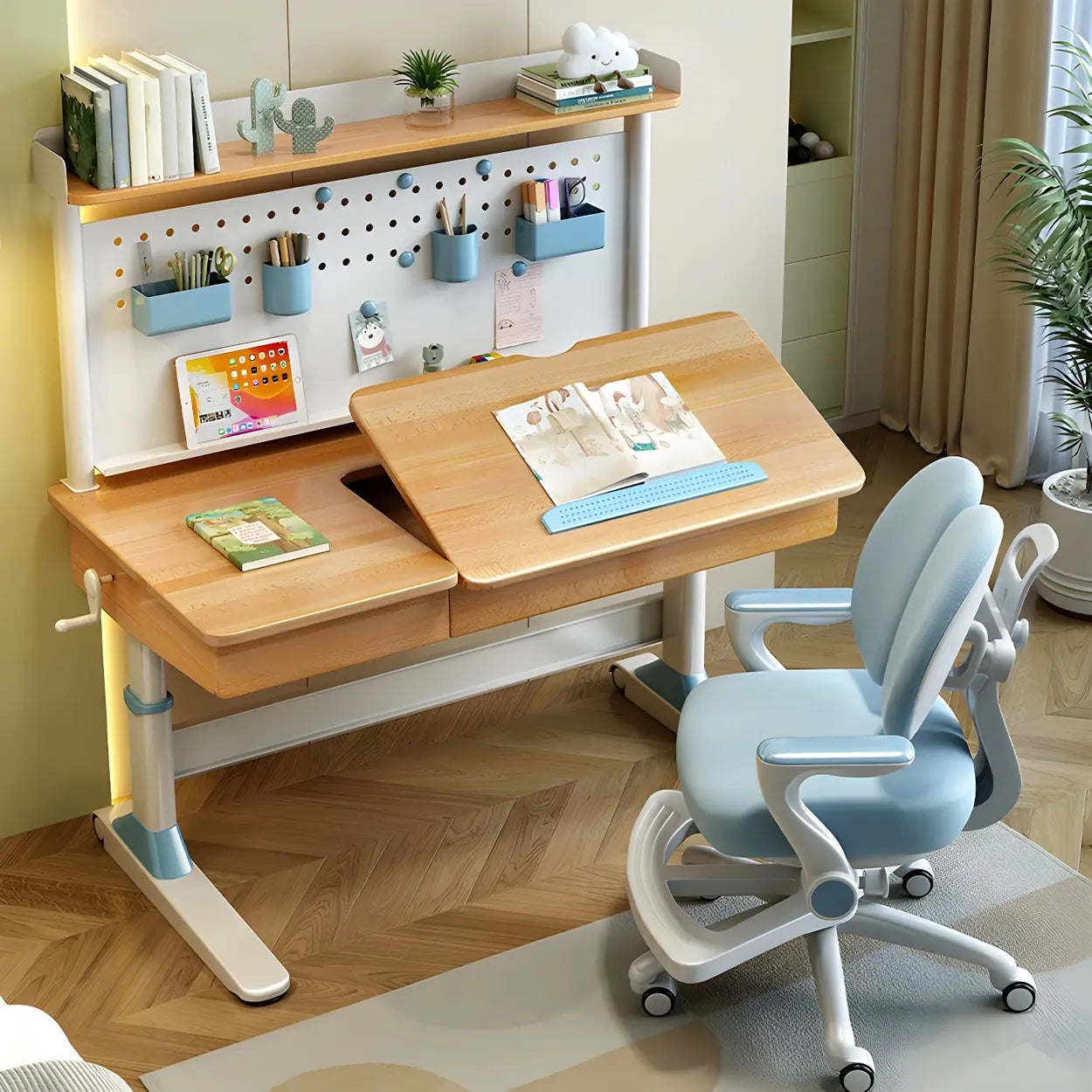 Adjustable Natural Wood Drawer T-Shape Standing Desk