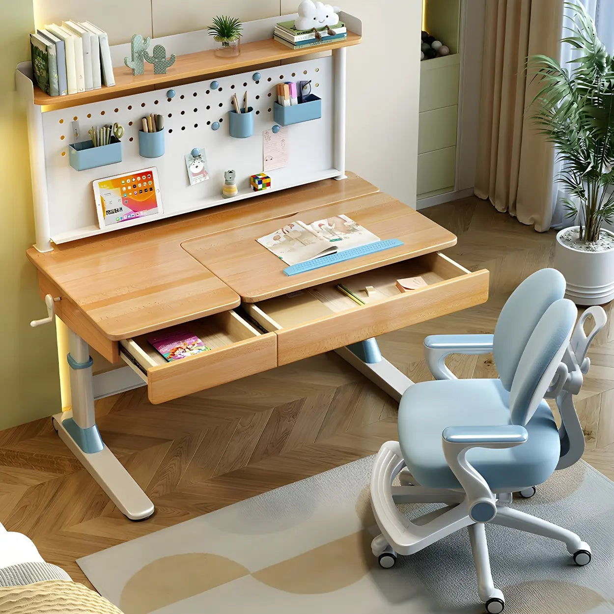 Adjustable Natural Wood Drawer T-Shape Standing Desk — Table Only