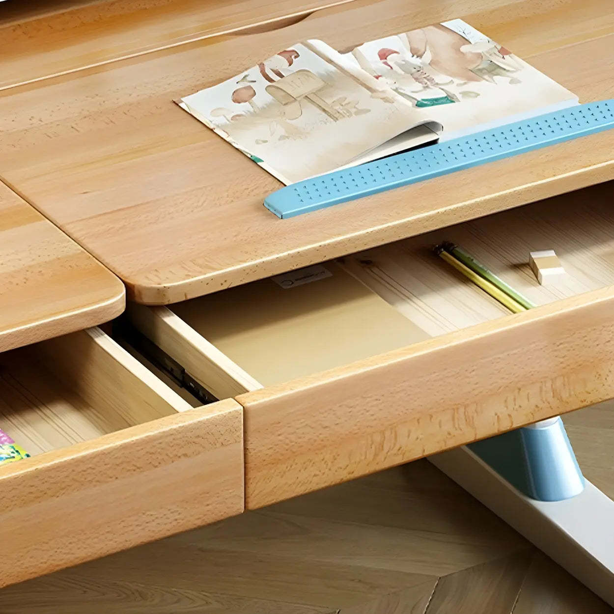 Adjustable Natural Wood Drawer T-Shape Standing Desk