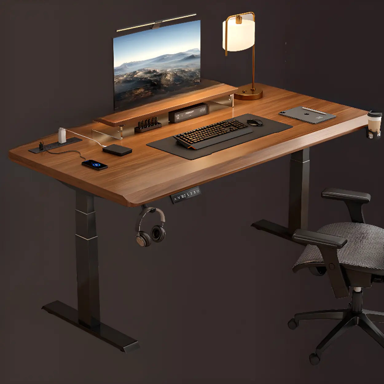 Adjustable Nut-Brown Wood Computer Desk — Nut-Brown / Table Only