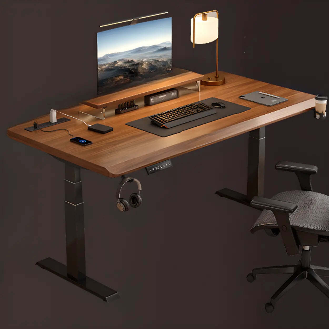 Adjustable Nut-Brown Wood Computer Desk — Nut-Brown / Table Only