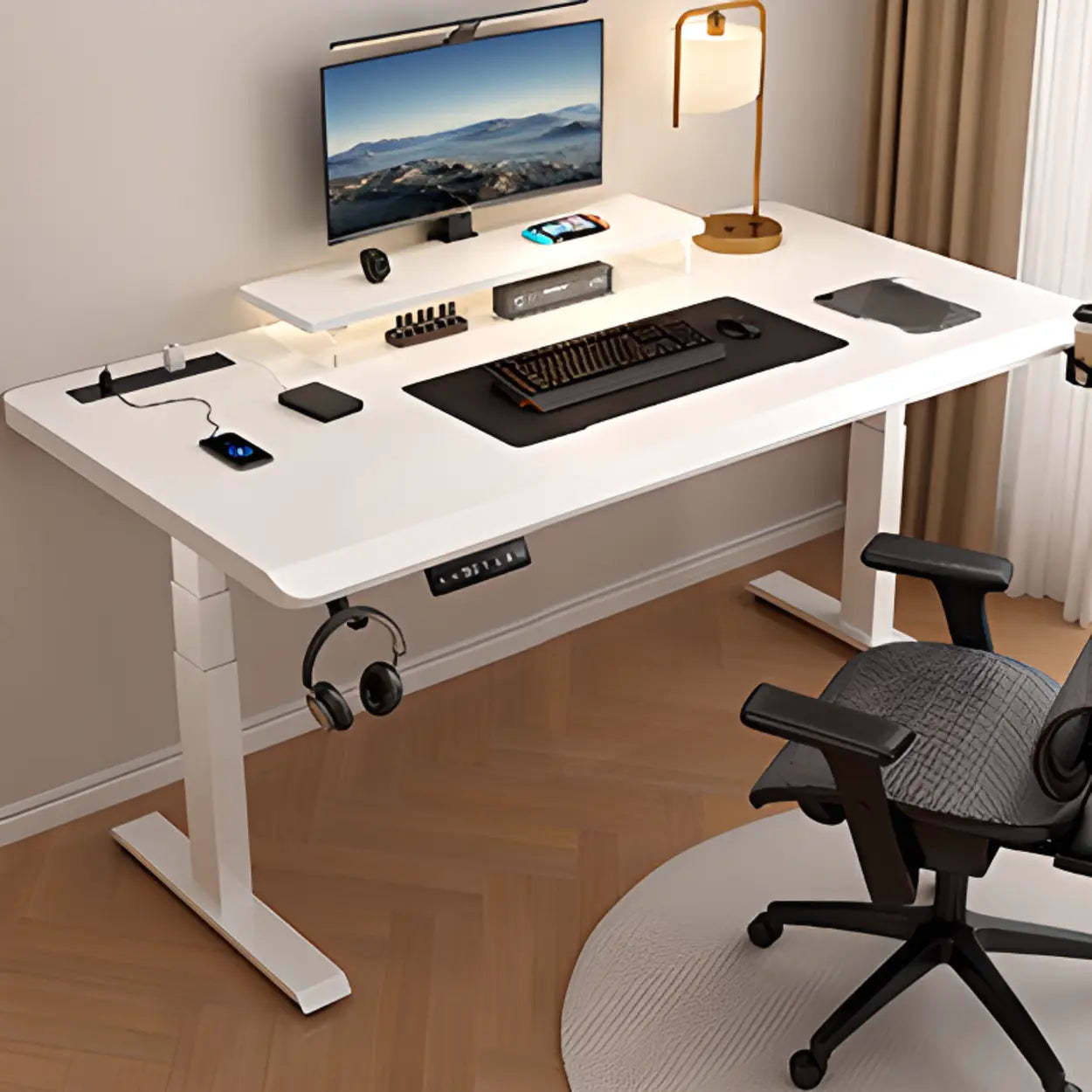 Adjustable Nut-Brown Wood Computer Desk — White / Table Only