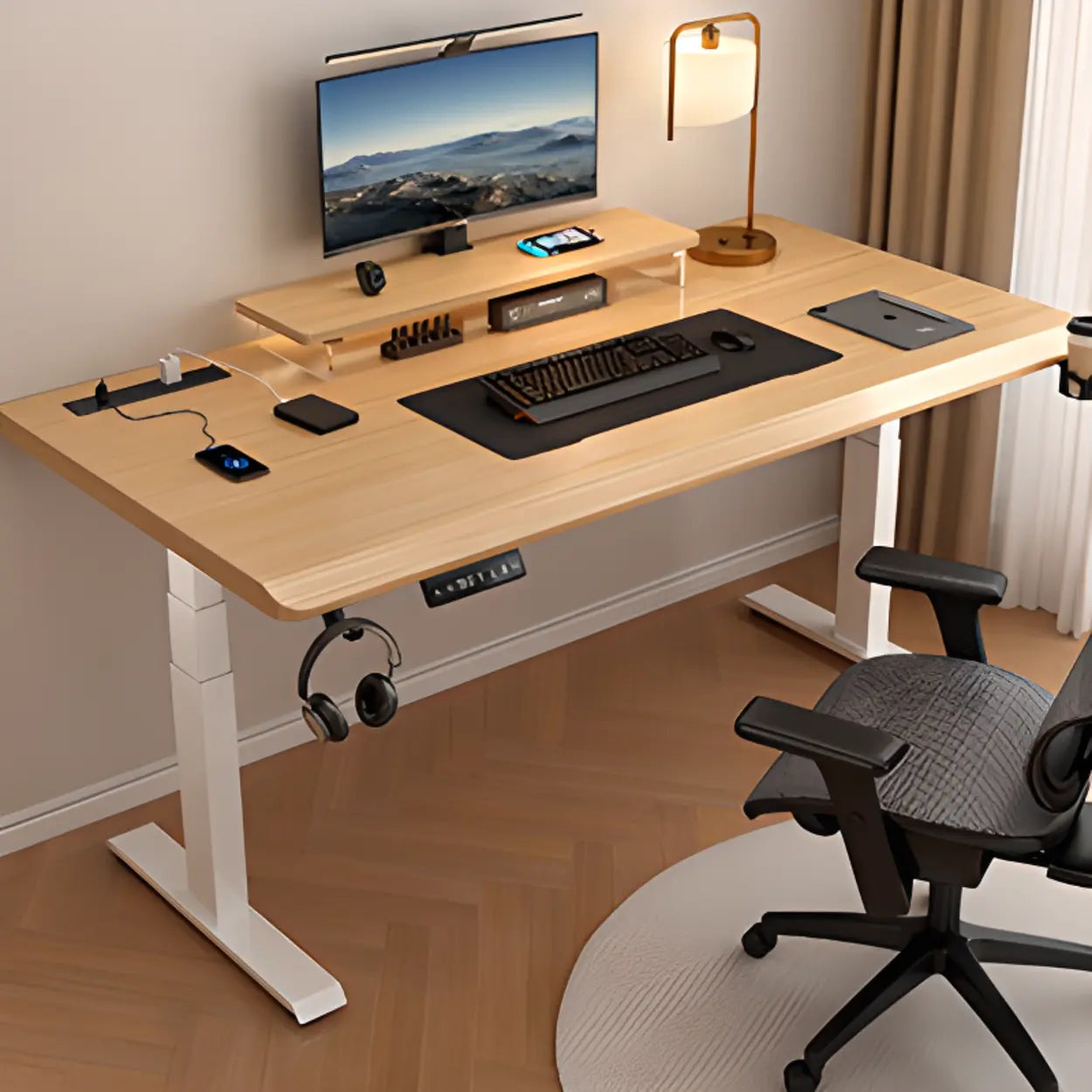 Adjustable Nut-Brown Wood Computer Desk — White / Table Only