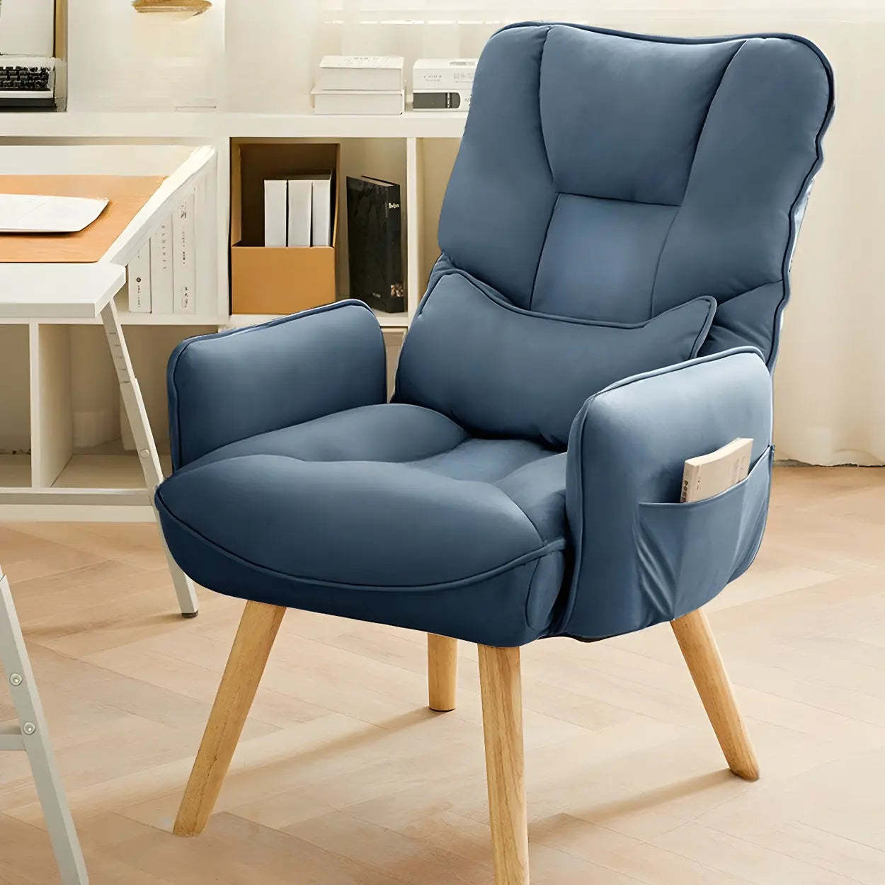 Adjustable Recliner Faux Leather Office Chair with Headrest — Grey / Wood / Without Footrest