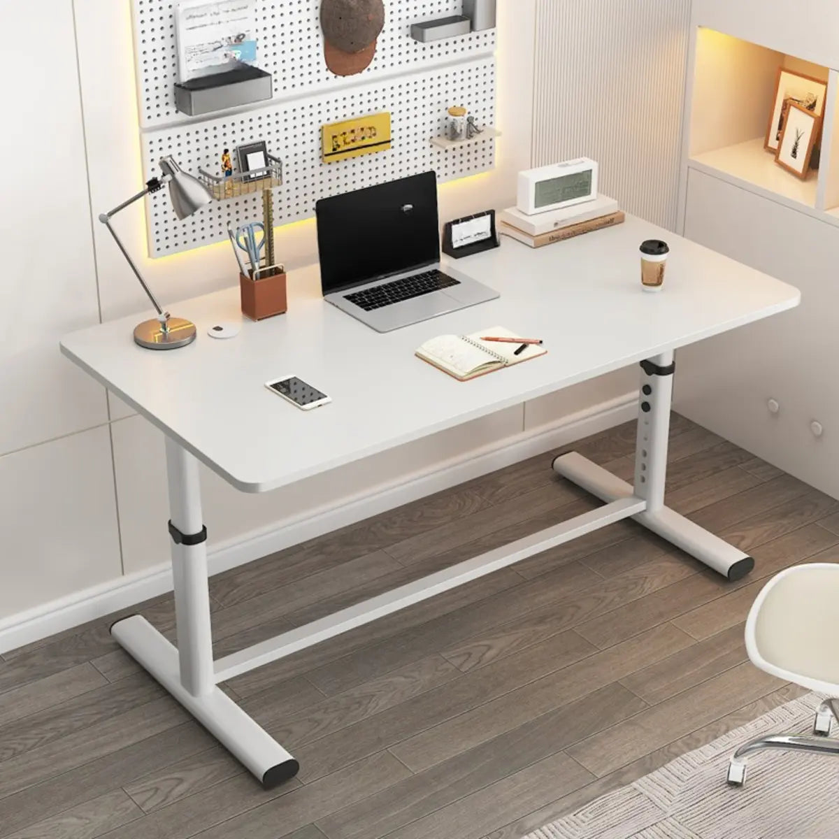 Adjustable Metal T-Shape Computer Desk — Without Chairs / Gold Oak/ Black
