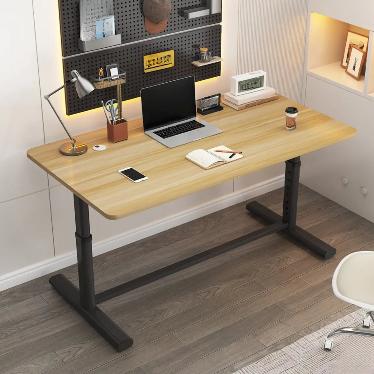 Adjustable Metal T-Shape Computer Desk — Without Chairs / Gold Oak/ Black