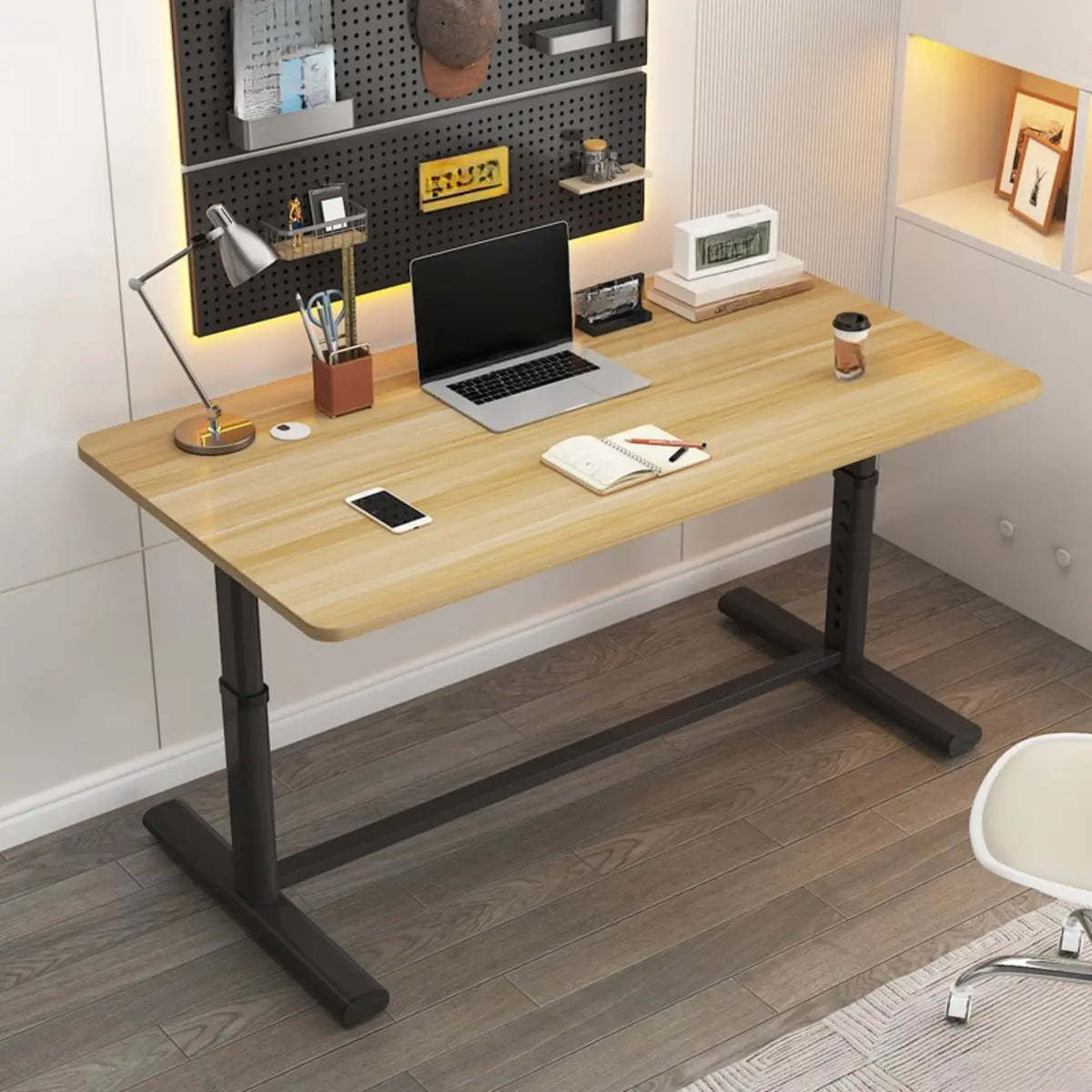 Adjustable Metal T-Shape Computer Desk — Without Chairs / Gold Oak/ Black