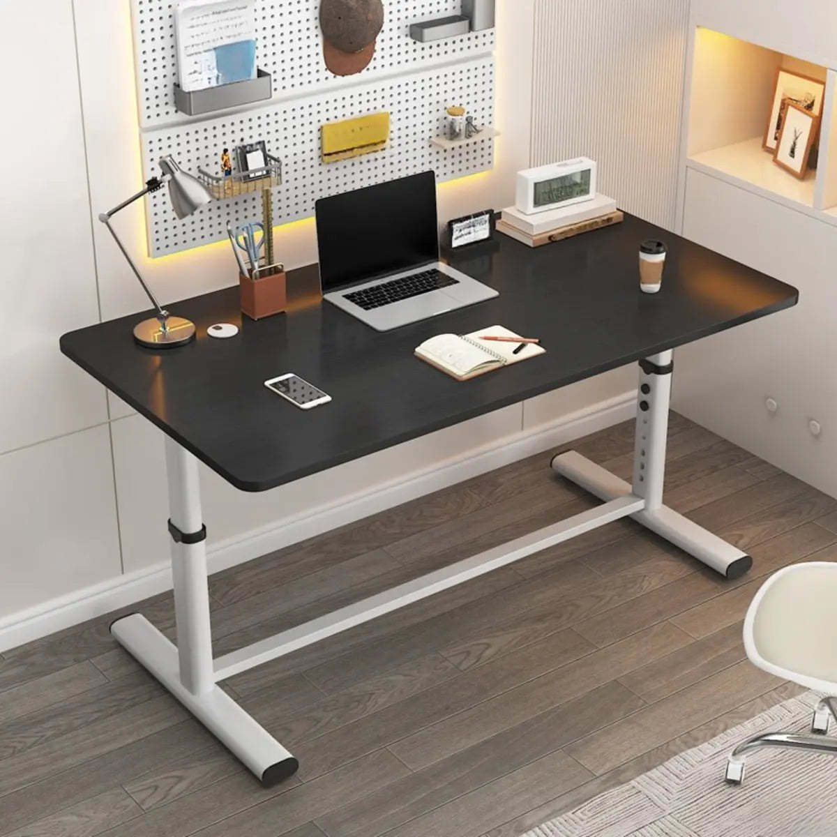Adjustable Metal T-Shape Computer Desk — Without Chairs / Gold Oak/ Black