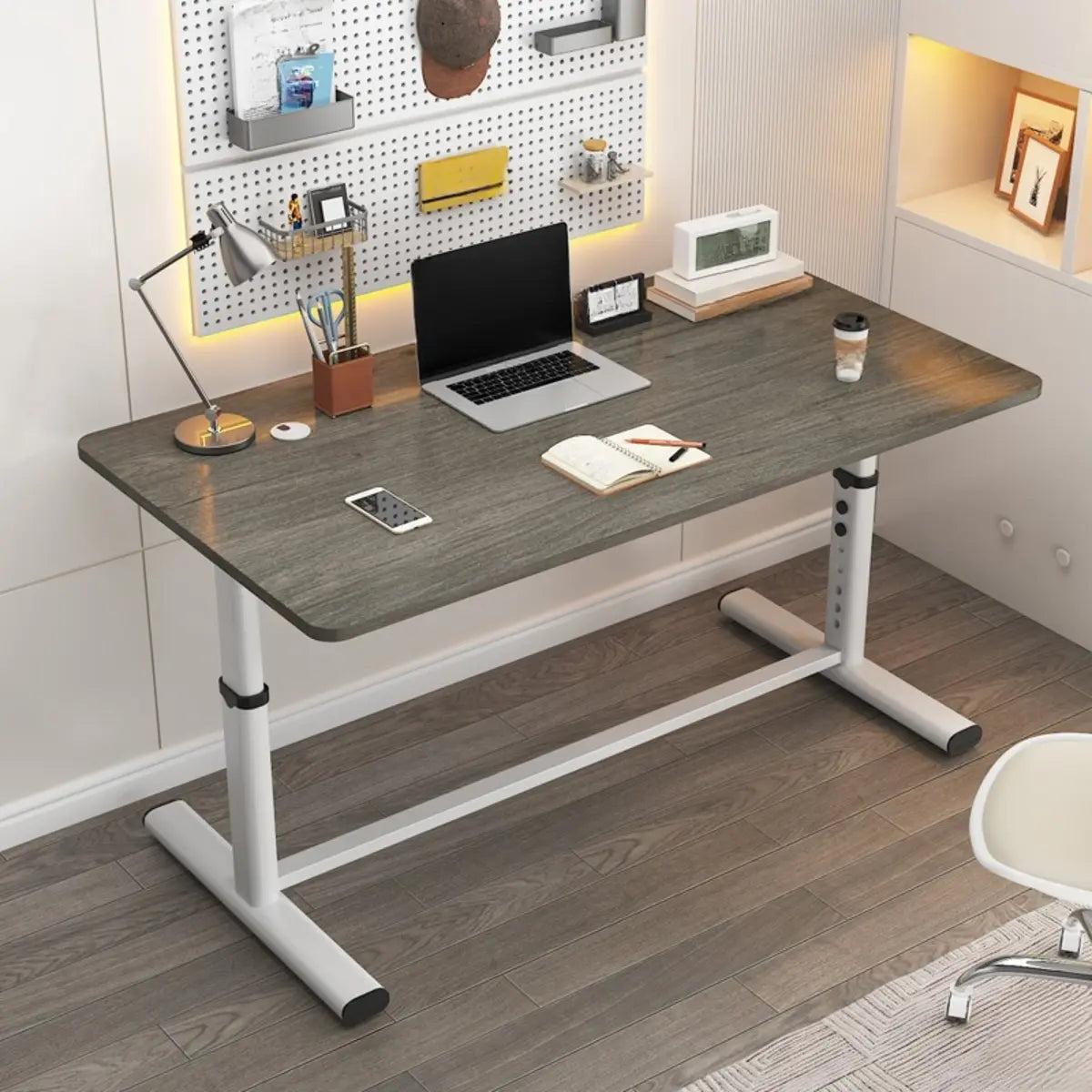 Adjustable Metal T-Shape Computer Desk — Without Chairs / Gold Oak/ Black
