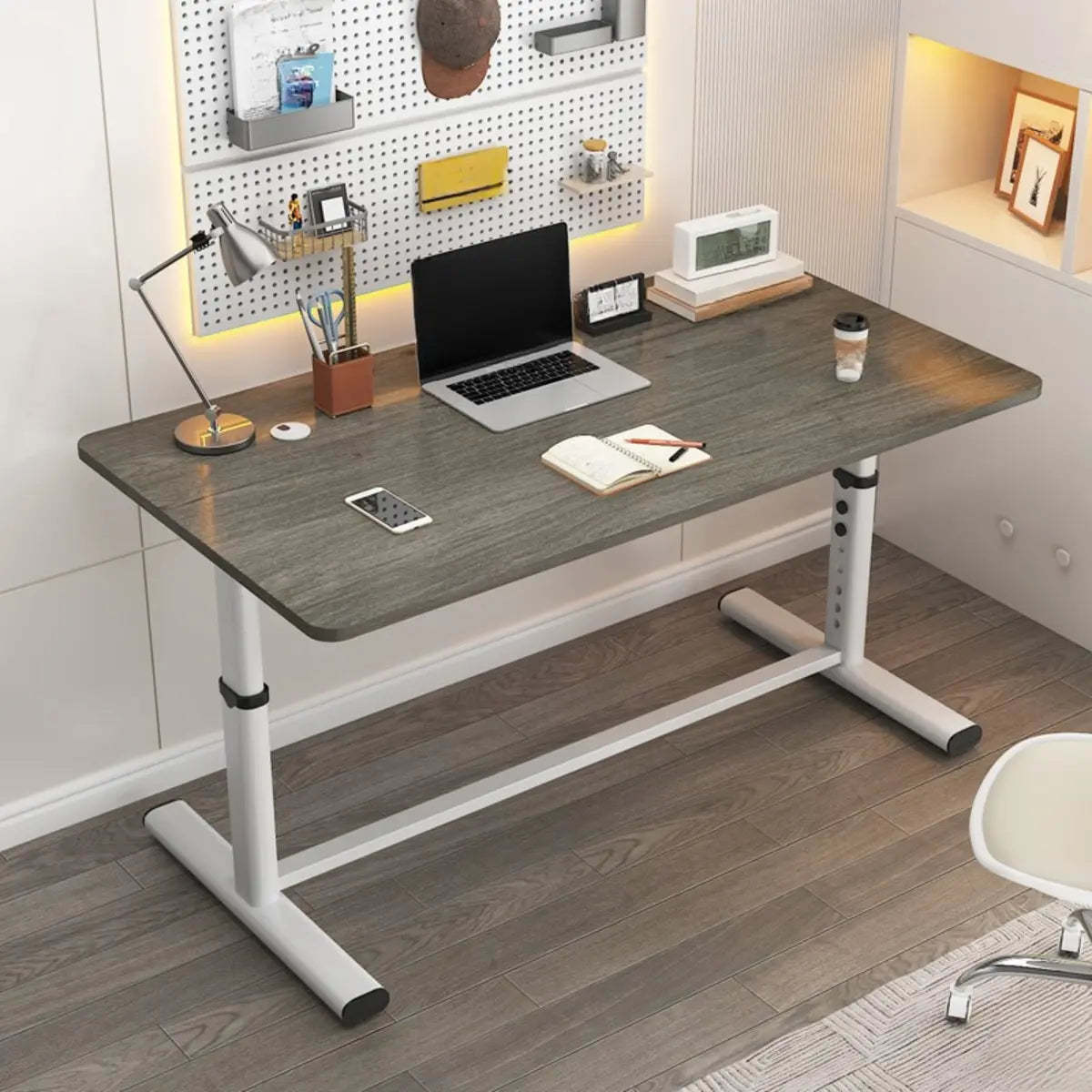 Adjustable Metal T-Shape Computer Desk — Without Chairs / Gold Oak/ Black