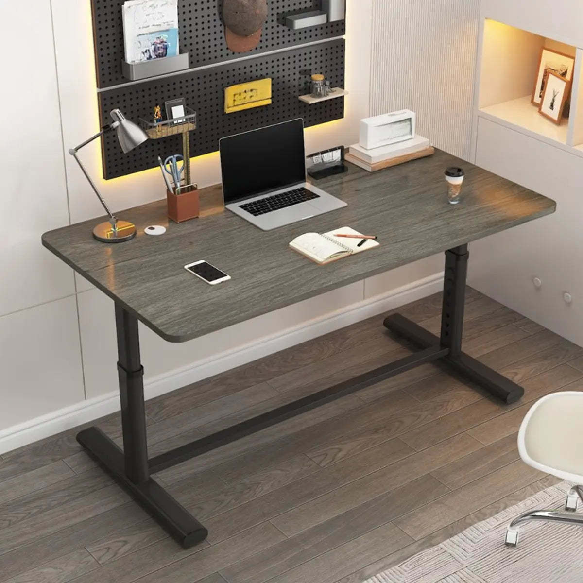 Modern t-shape computer desks in metal — 31" L x 16" W x 35" H / Gray Oak / Black