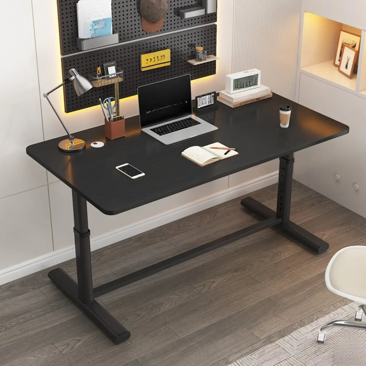 Adjustable Metal T-Shape Computer Desk — Without Chairs / Black and White