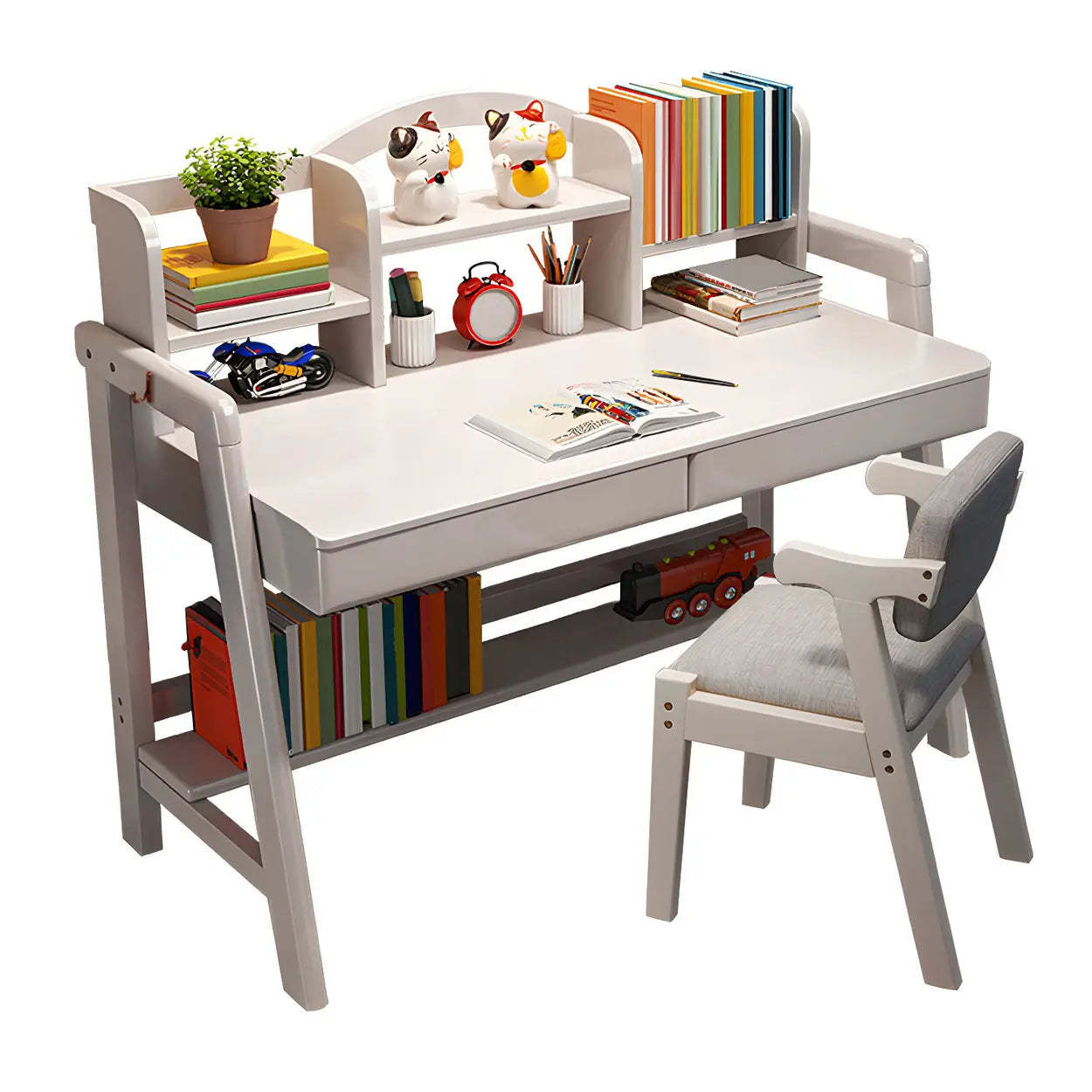 Adjustable Wood Shelf Drawer H-Shape Writing Desk — Pink / Table Only