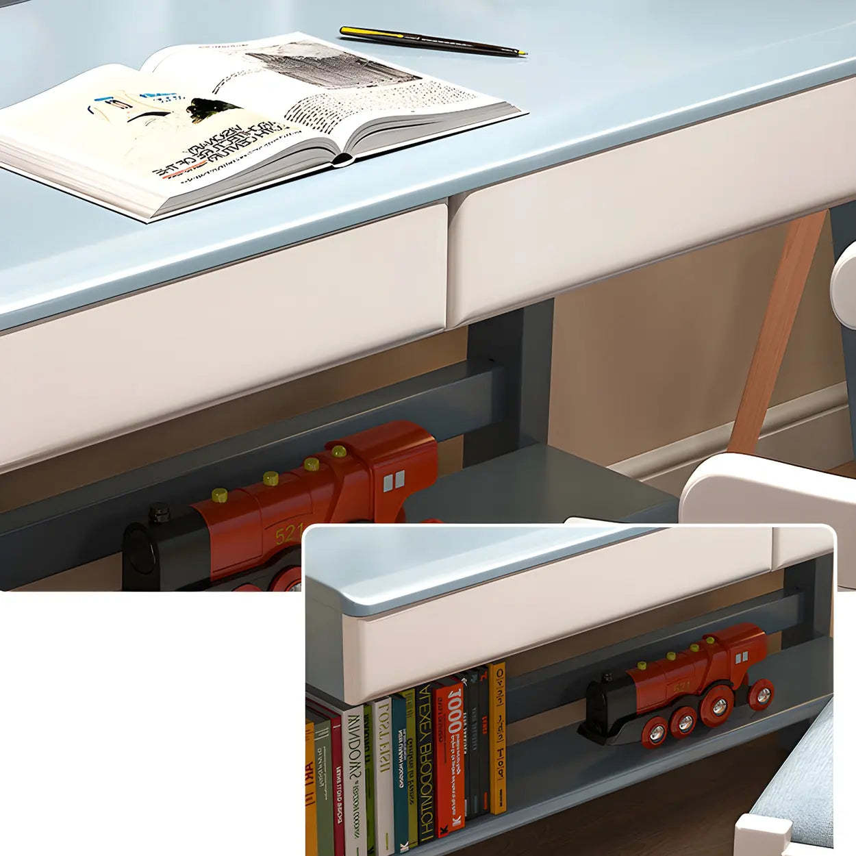 Adjustable Wood Shelf Drawer H-Shape Writing Desk — White / Table Only