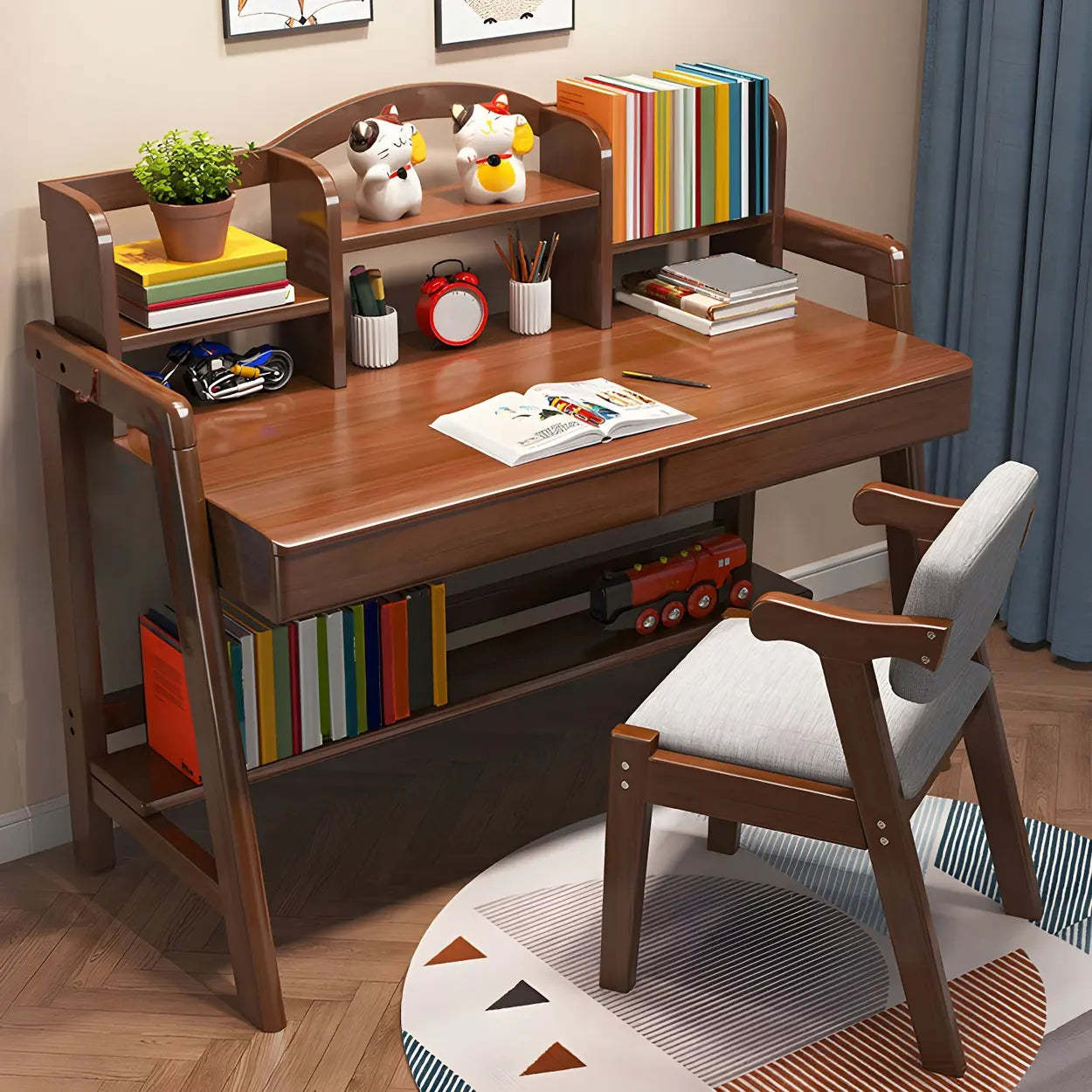 Adjustable Wood Shelf Drawer H-Shape Writing Desk — Nut-Brown / Table Only