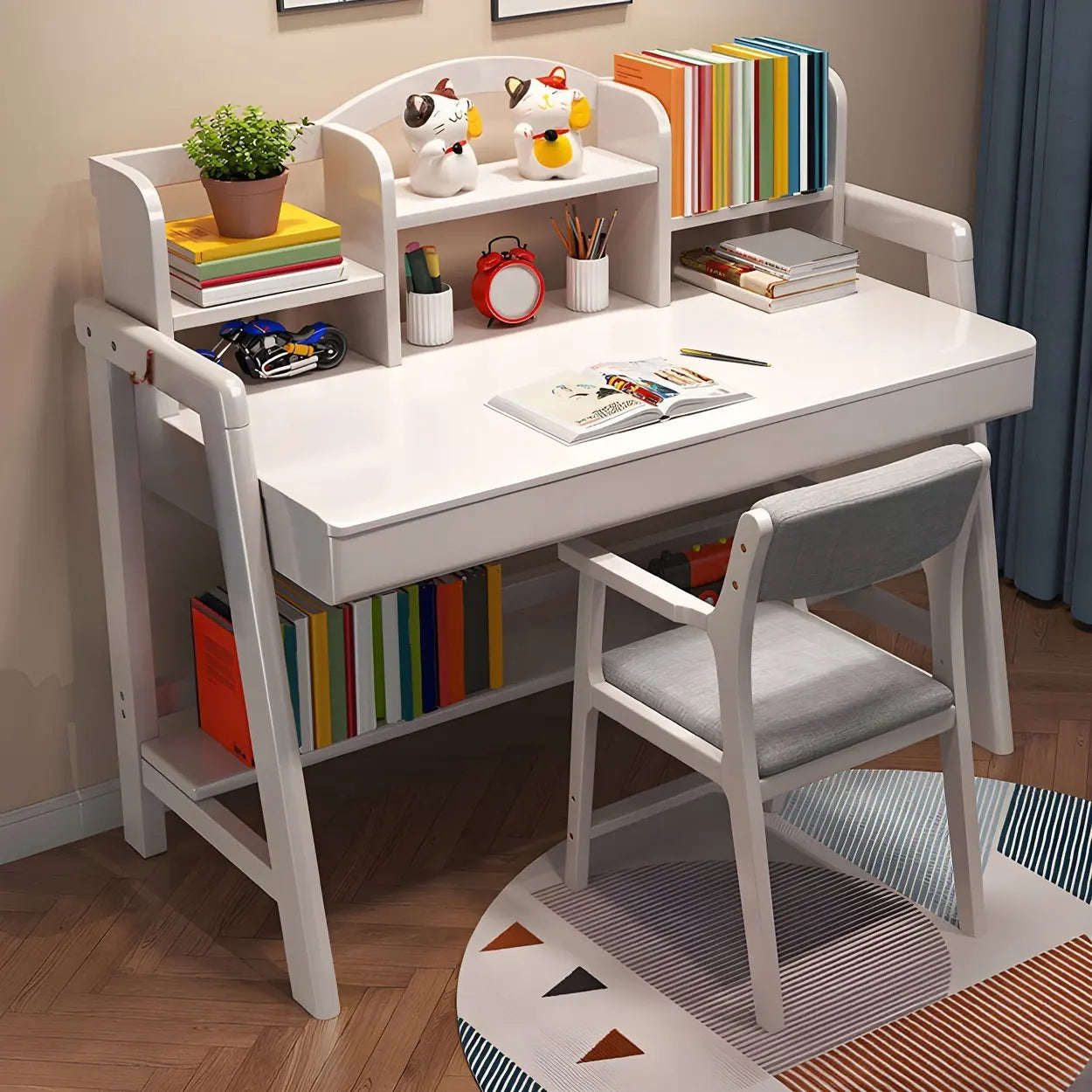 Adjustable Wood Shelf Drawer H-Shape Writing Desk — Natural Finish / Table Only