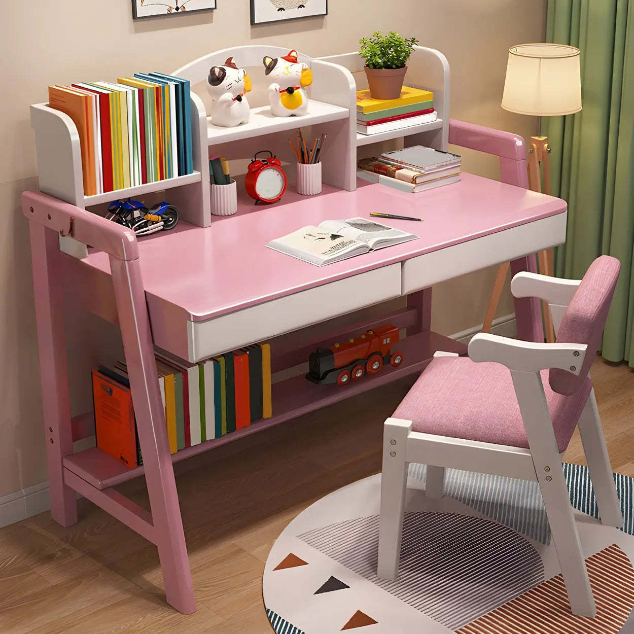 Adjustable Wood Shelf Drawer H-Shape Writing Desk — Blue / Table Only