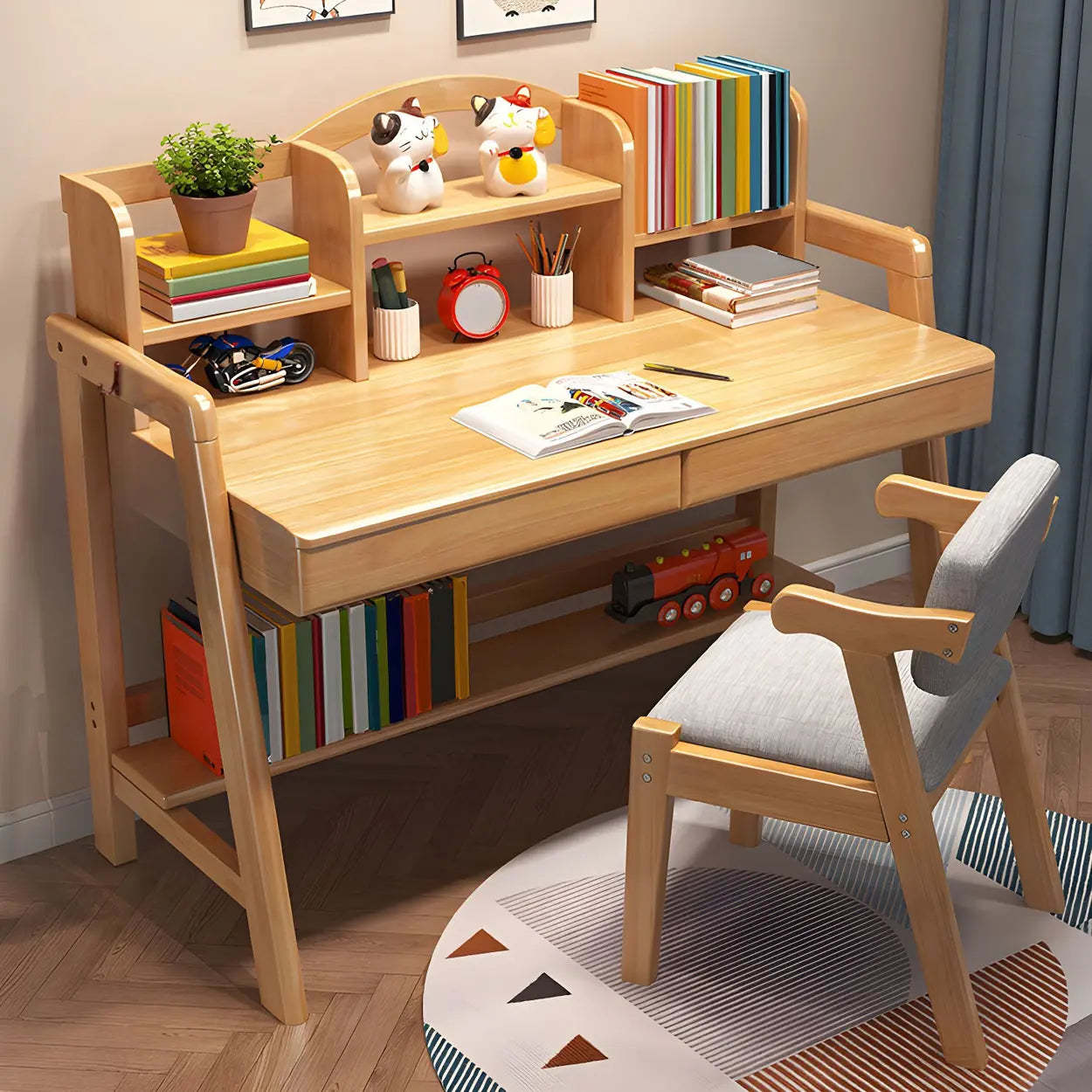 Adjustable Wood Shelf Drawer H-Shape Writing Desk — Nut-Brown / Table Only
