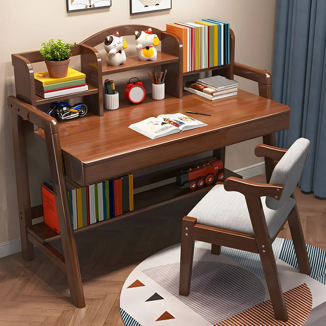 Adjustable Wood Shelf Drawer H-Shape Writing Desk — Blue / Table Only