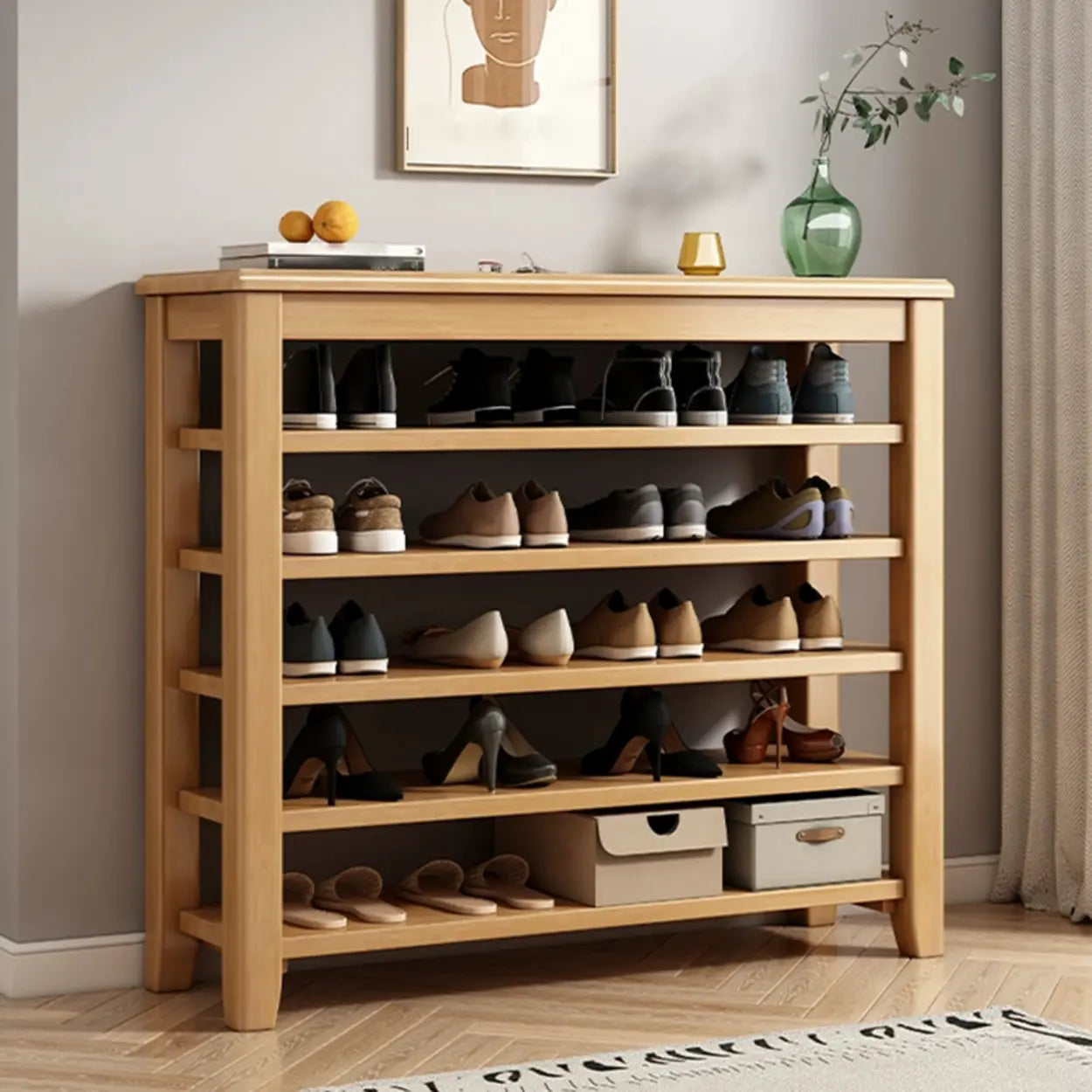 Natural Wood Shoe Rack with Adjustable Shelves