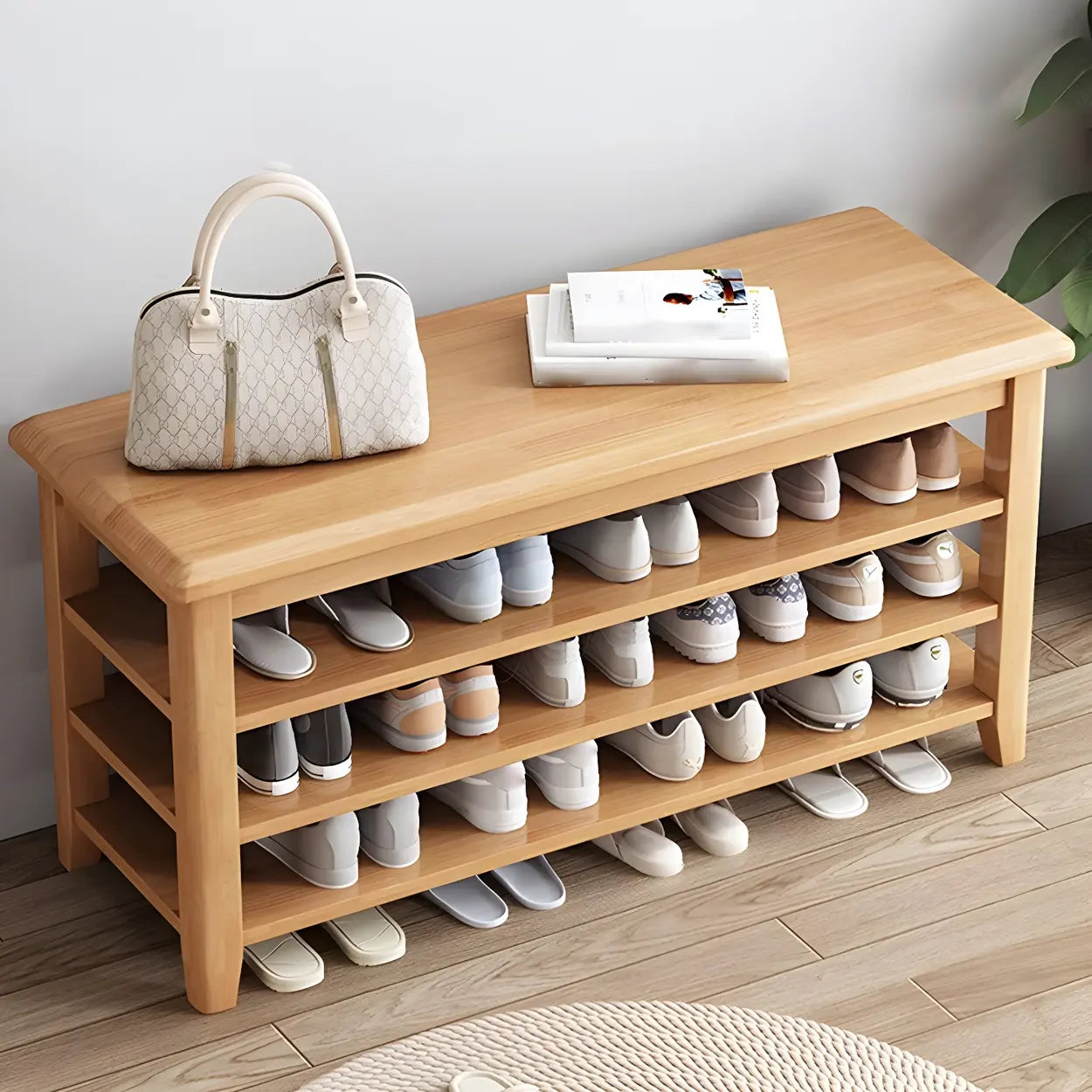 Natural Wood Shoe Rack with Adjustable Shelves