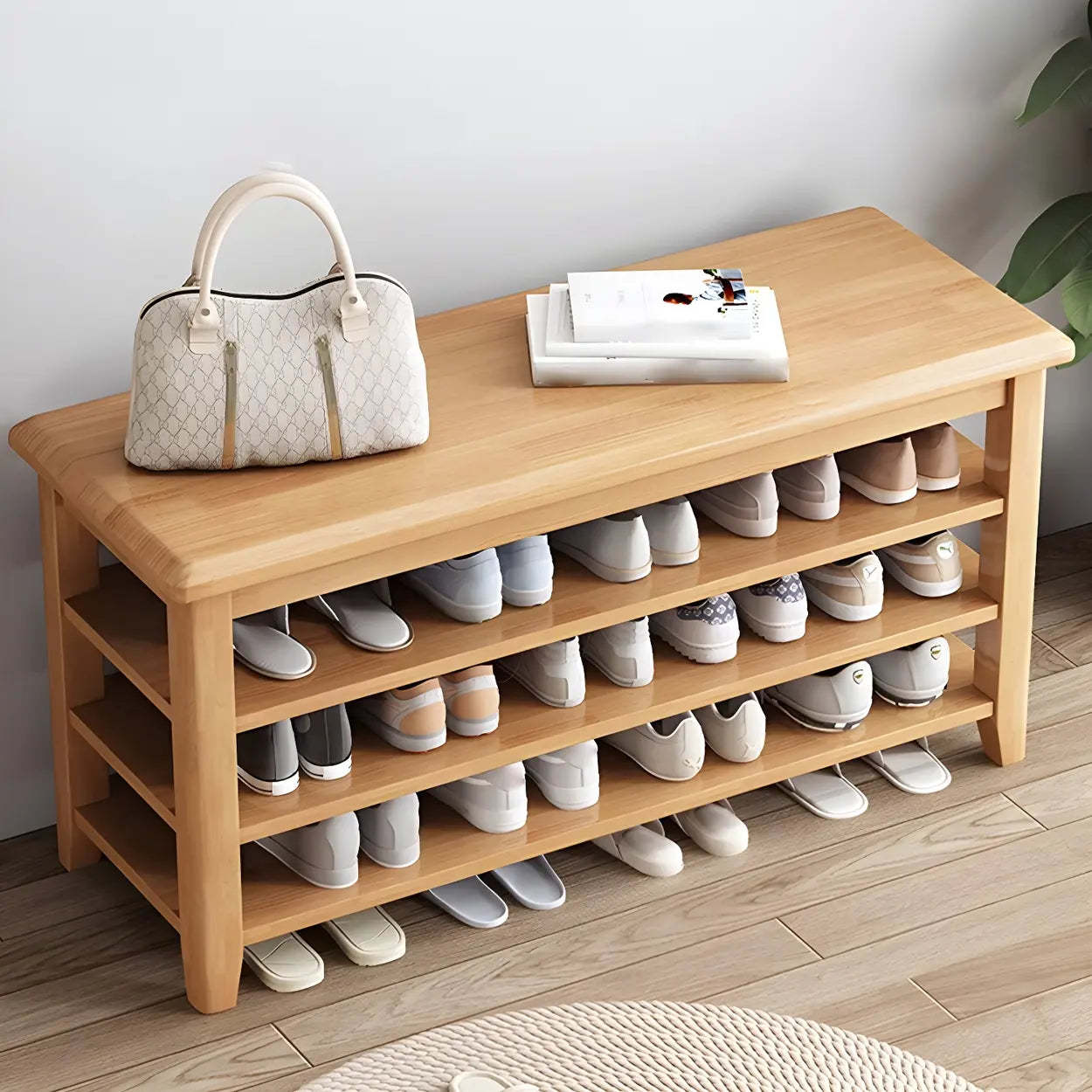 Natural Wood Shoe Rack with Adjustable Shelves