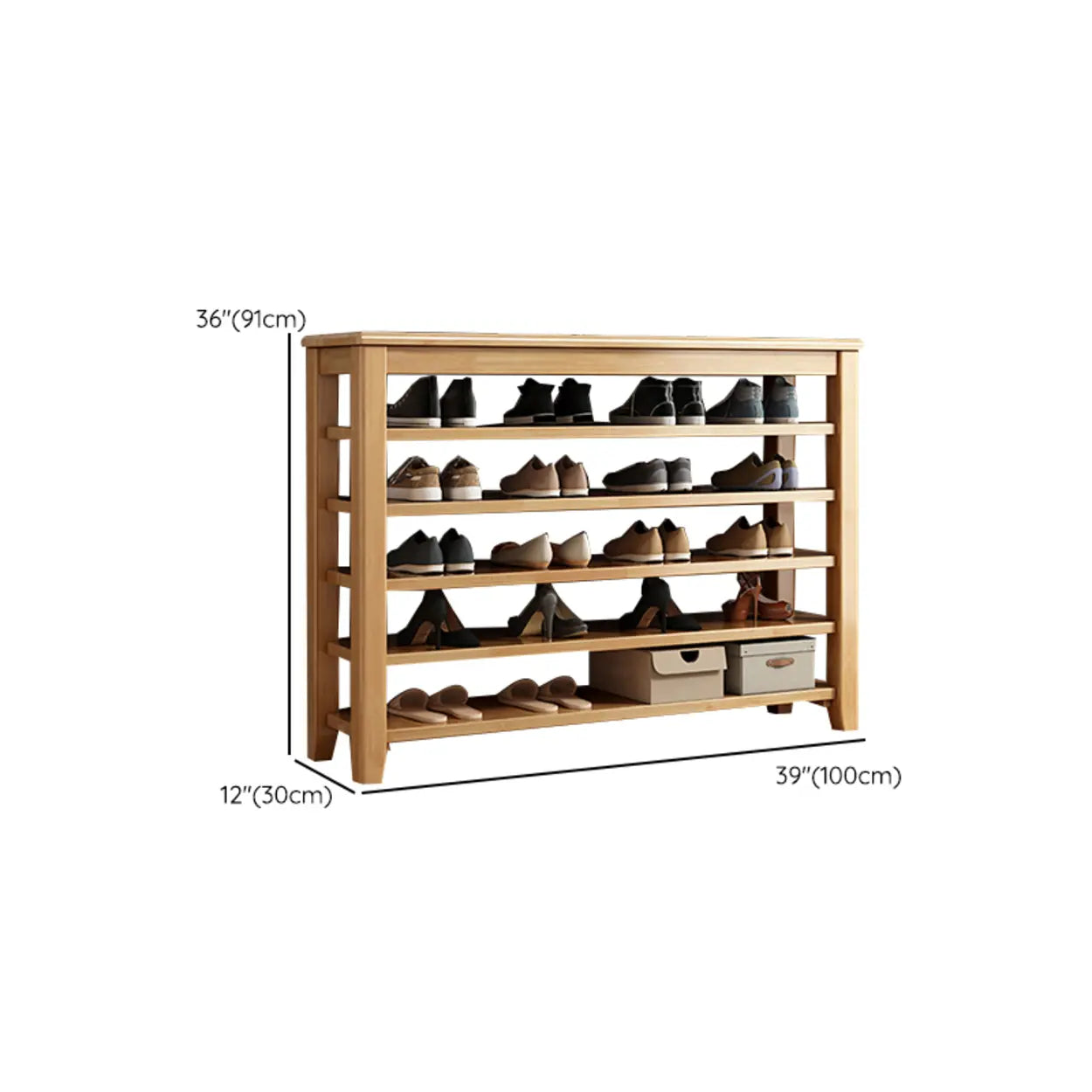 Natural Wood Shoe Rack with Adjustable Shelves