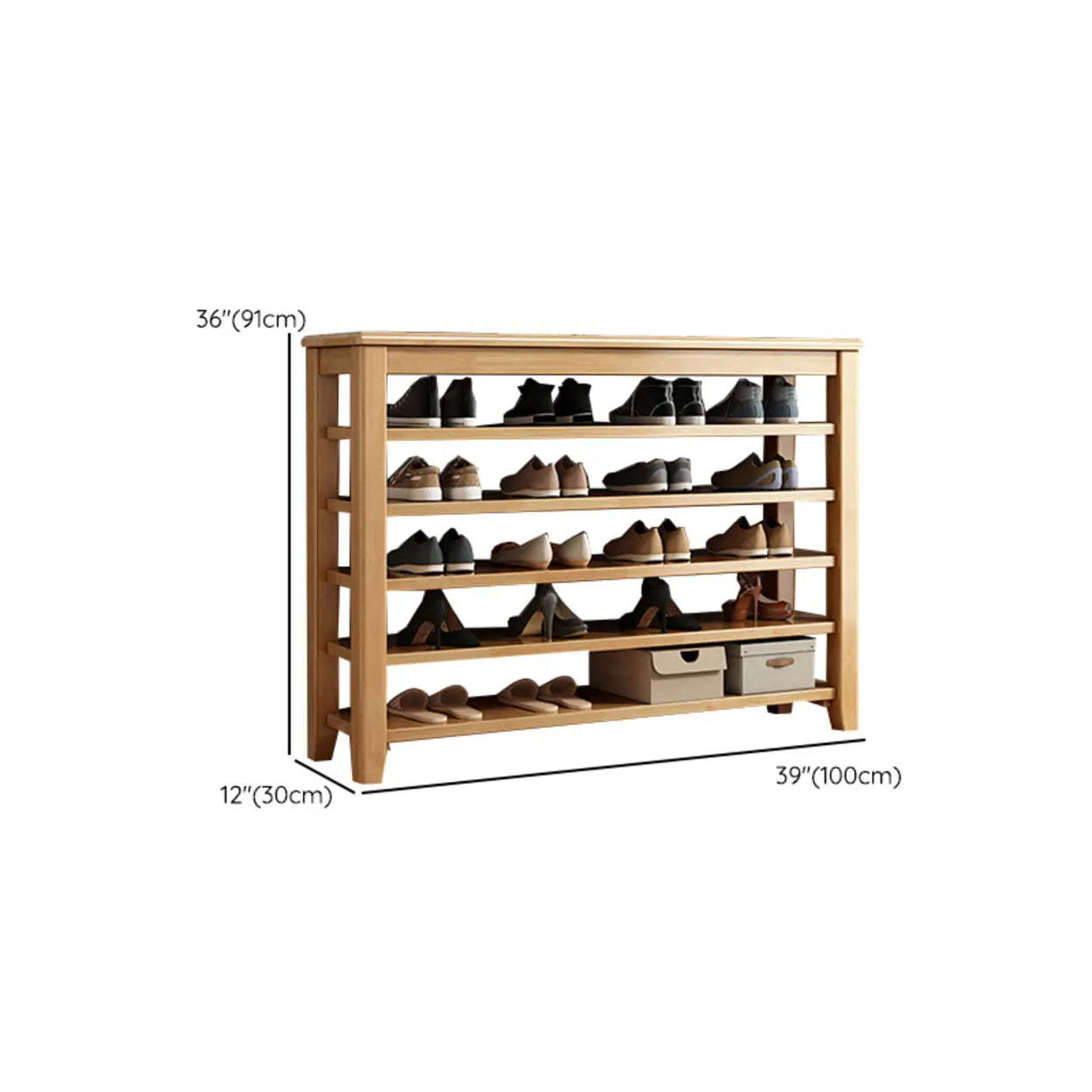 Natural Wood Shoe Rack with Adjustable Shelves
