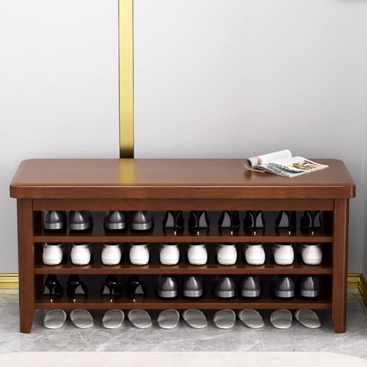 Natural Wood Shoe Rack with Adjustable Shelves