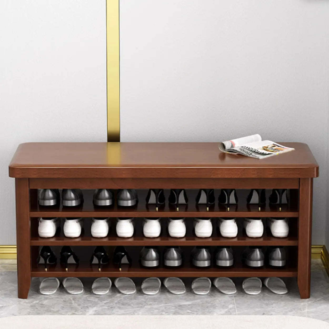 Natural Wood Shoe Rack with Adjustable Shelves